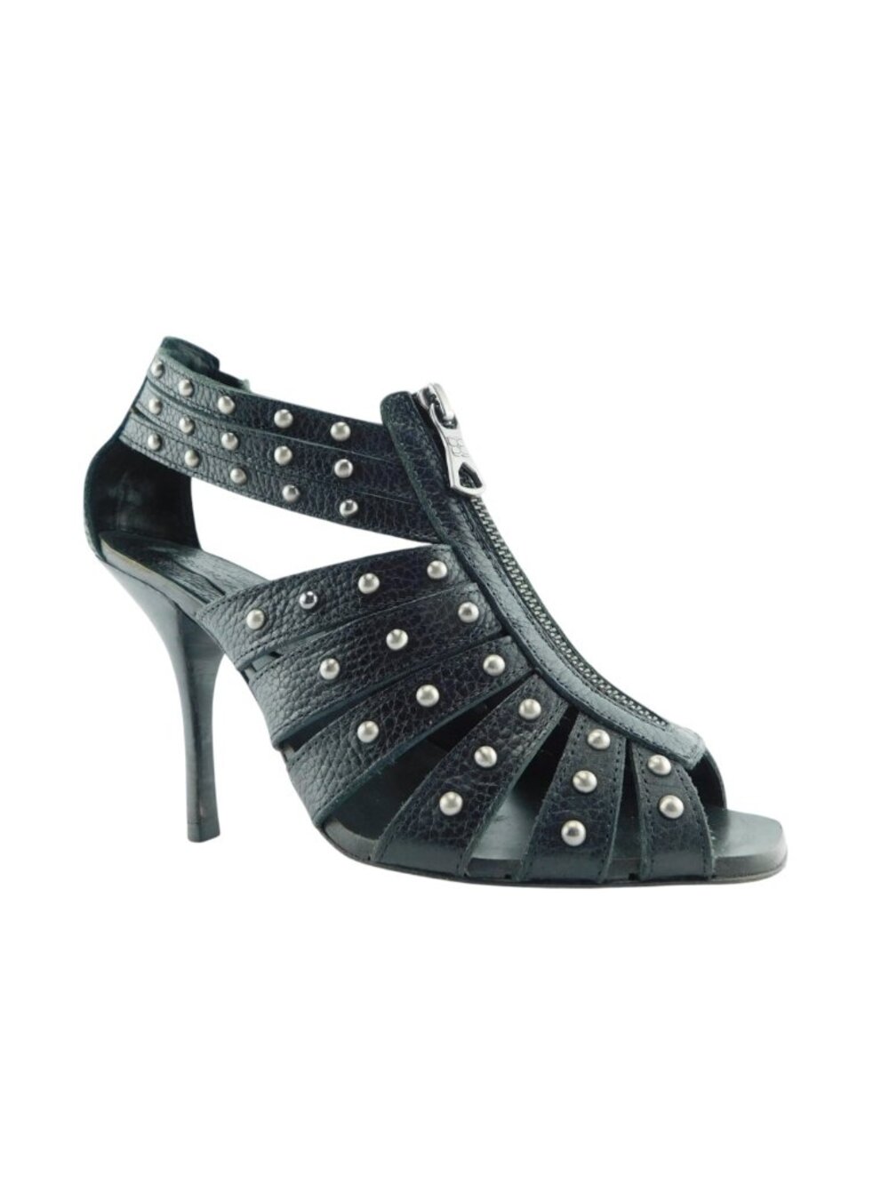 BCBG Maxazria Black Studded Leather Zipper Front Caged Open Toe Sandal Heels 6.5